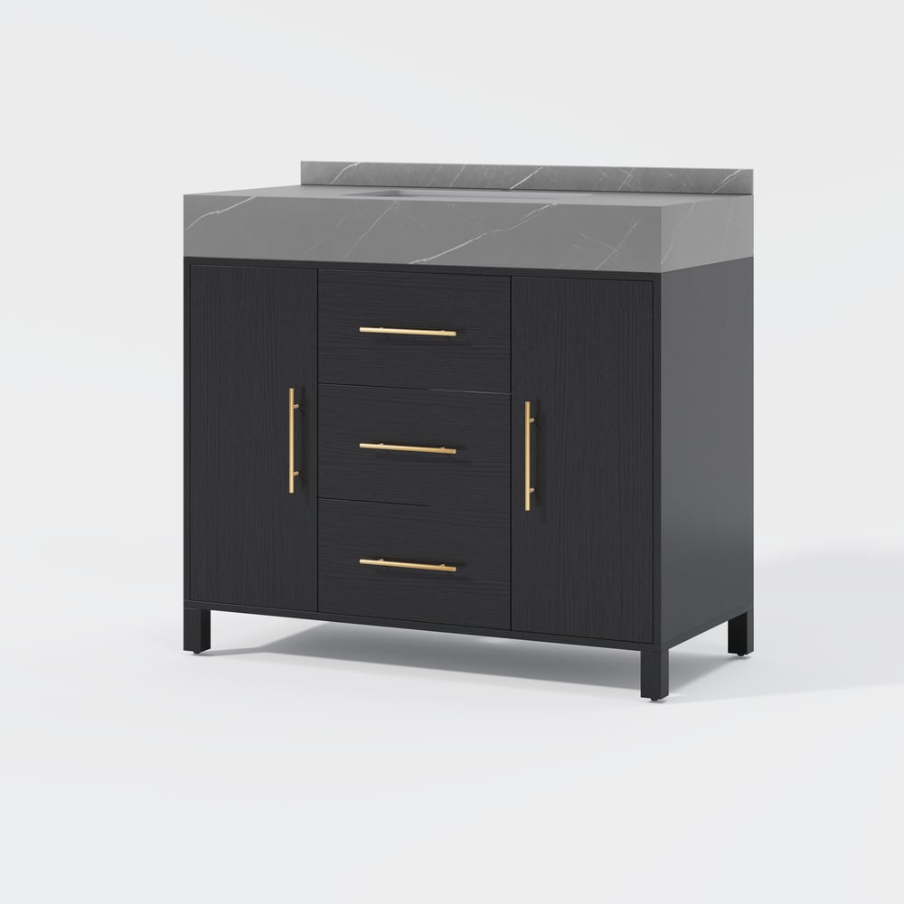 1000mm volně stojící černé koupelnové umyvadlo, deska ze slinutého kamene a zlaté rukojeti obrázek okna