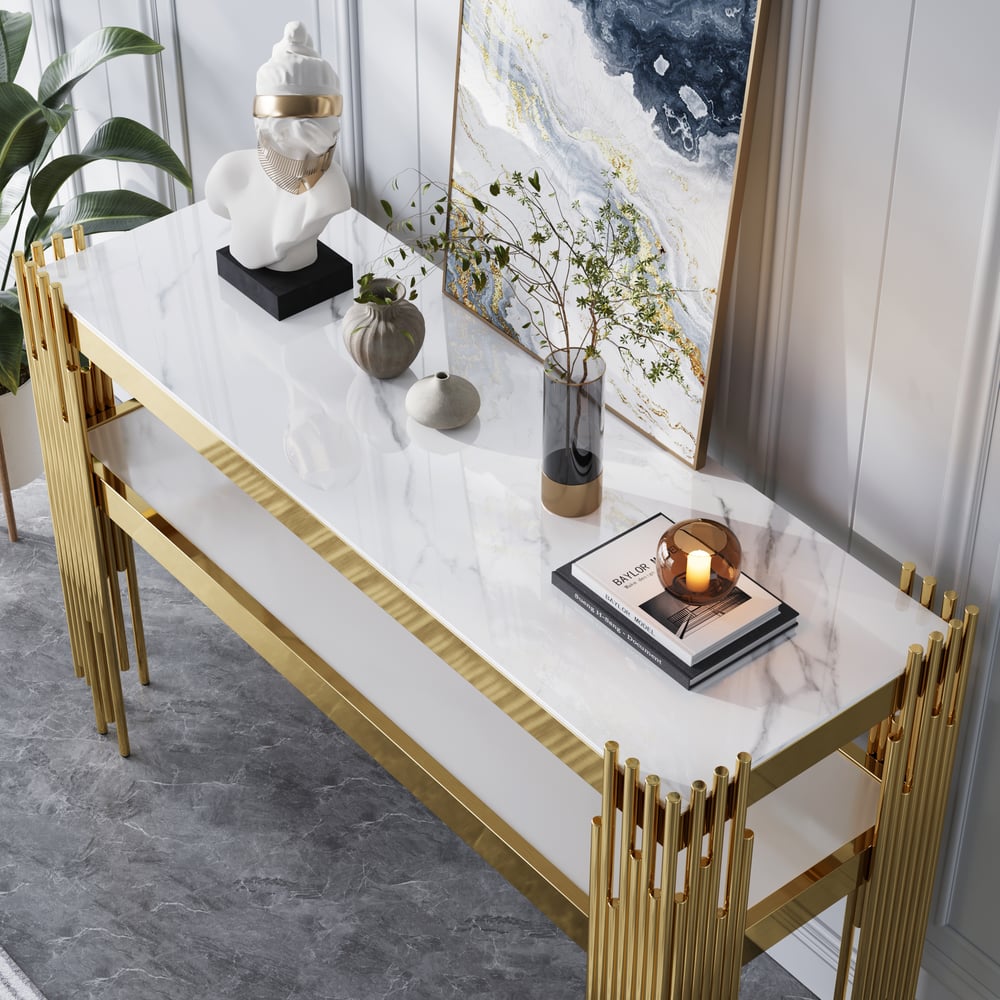 Console étroite moderne en faux marbre blanc de 1200 mm avec étagère de rangement et 4 pieds dorés image de fenêtre