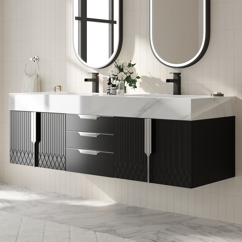 Vanité de salle de bain murale Aro à double vasque noire avec tiroirs, dessus en faux marbre, 1500 mm image de fenêtre