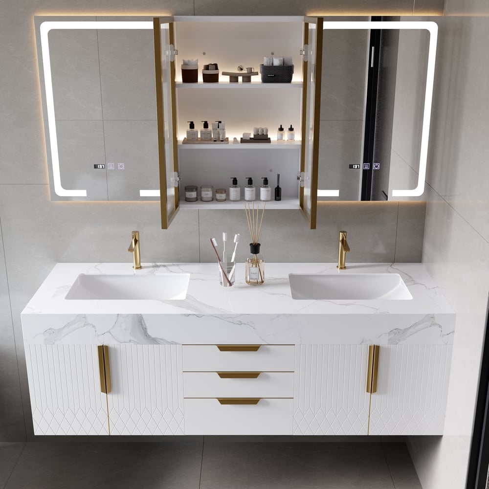 59" LED Lighted Medicine Cabinet Wooden Wall-mounted Bathroom Mirror with Doors window image