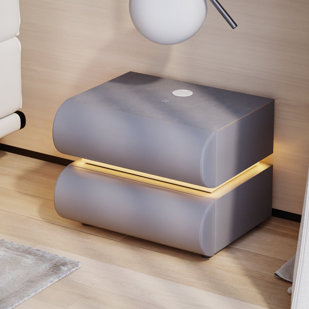 Mesita de noche LED inteligente de 2 cajones Humply Leather con tapa de piedra sinterizada Imagen de ventana