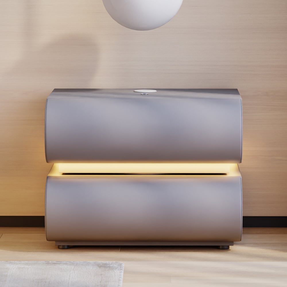 Mesita de noche LED inteligente de 2 cajones Humply Leather con tapa de piedra sinterizada Imagen de ventana