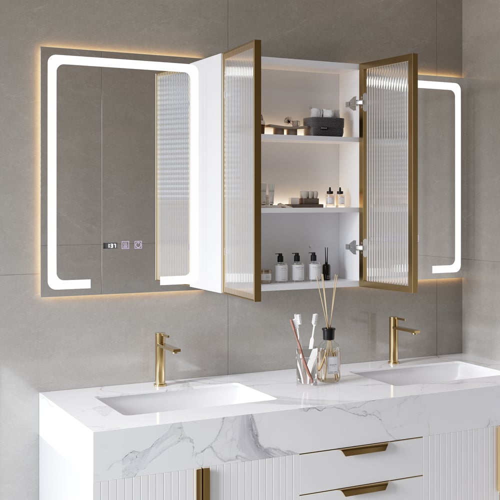 Questions and Answers for 59" LED Lighted Medicine Cabinet Wooden Wall-mounted Bathroom Mirror with Doors