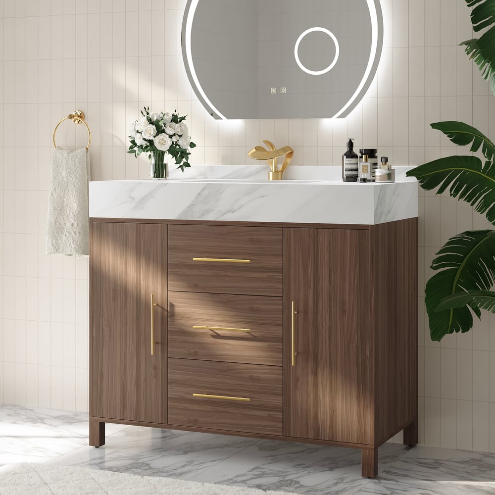 Ensemble de vanité de salle de bain moderne en noyer fritté de 990 mm image de fenêtre