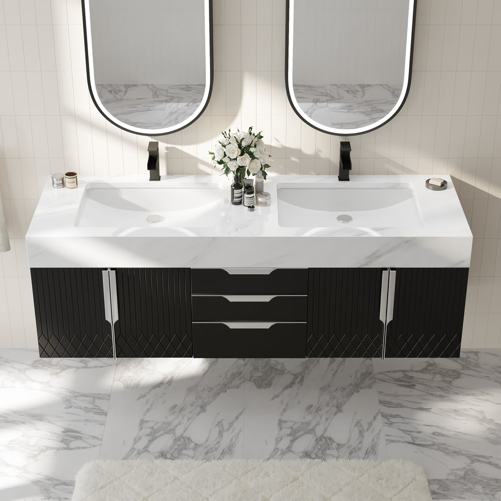 Vanité de salle de bain murale Aro à double vasque noire avec tiroirs, dessus en faux marbre, 1500 mm image de fenêtre
