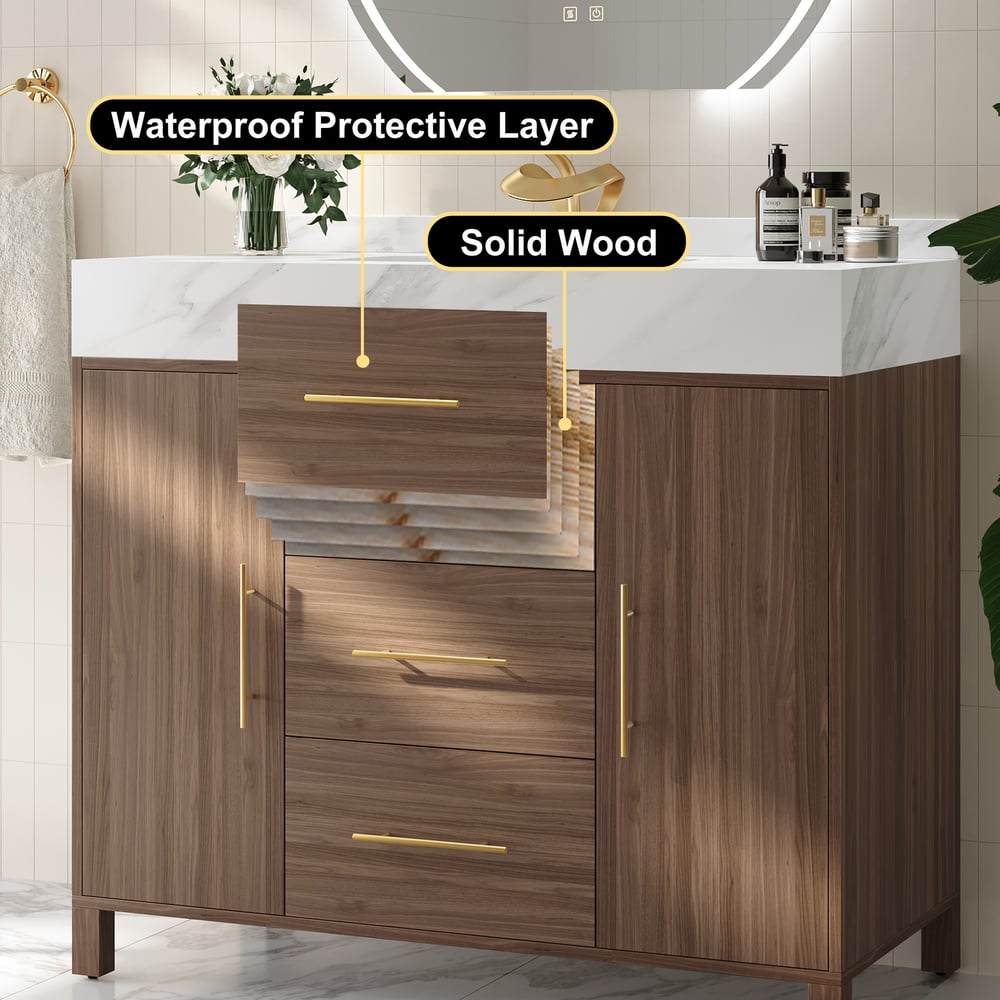 Ensemble de vanité de salle de bain moderne en noyer fritté de 990 mm image de fenêtre