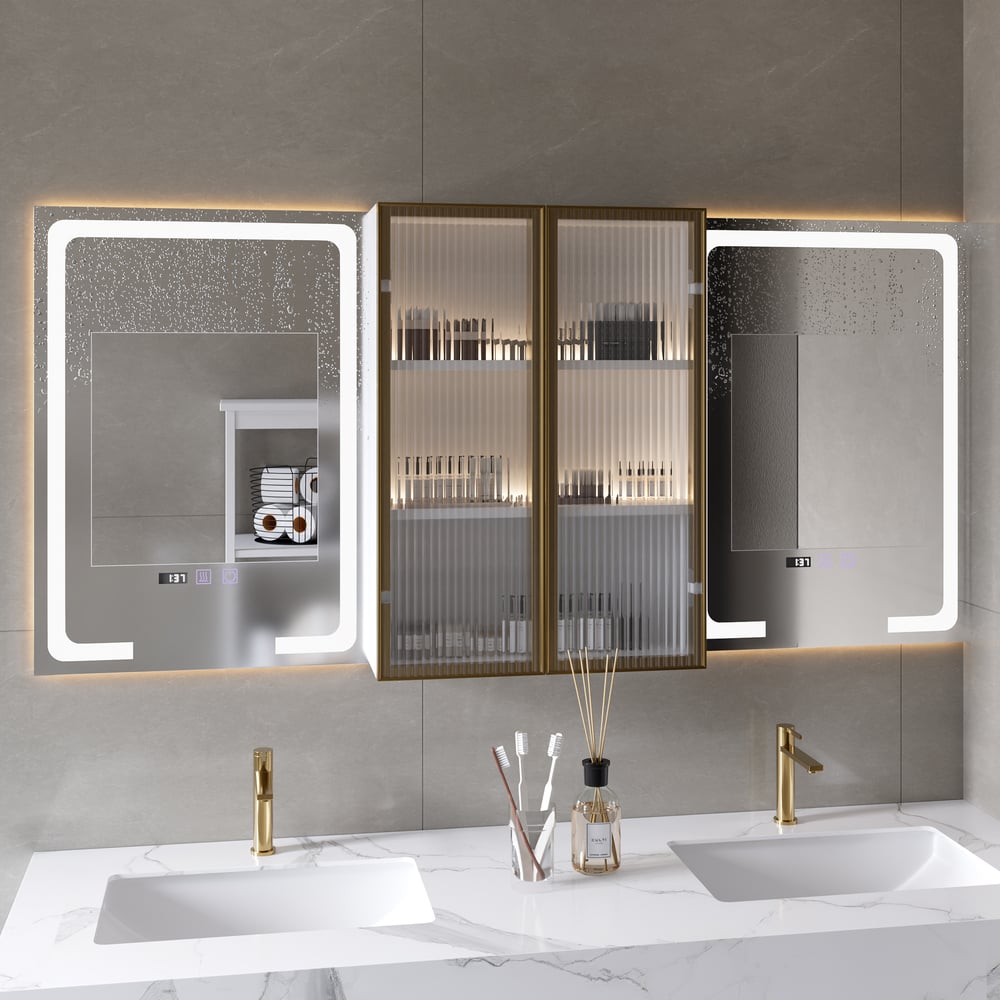 59" LED Lighted Medicine Cabinet Wooden Wall-mounted Bathroom Mirror with Doors window image