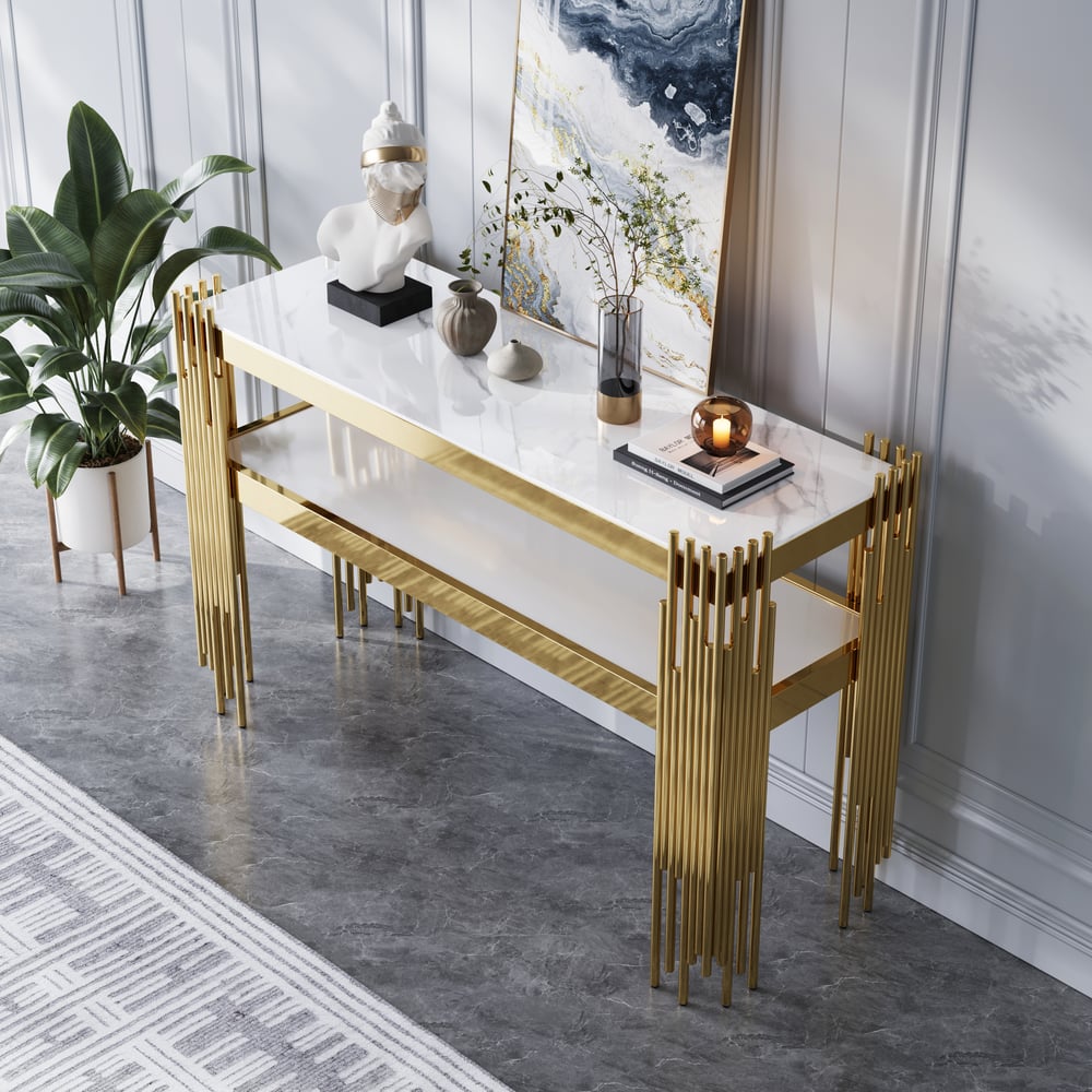 Console étroite moderne en faux marbre blanc de 1200 mm avec étagère de rangement et 4 pieds dorés image de fenêtre
