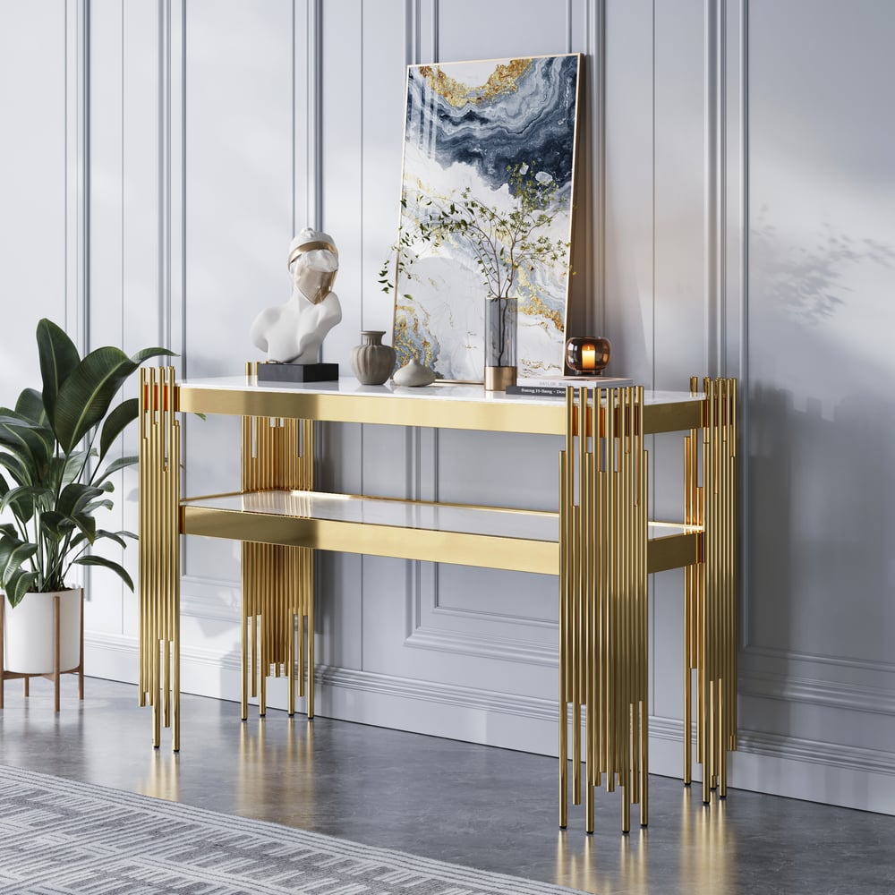 Console étroite moderne en faux marbre blanc de 1200 mm avec étagère de rangement et 4 pieds dorés image de fenêtre