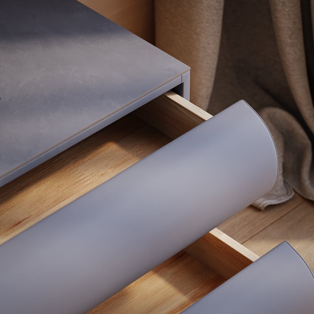 Mesita de noche LED inteligente de 2 cajones Humply Leather con tapa de piedra sinterizada Imagen de ventana