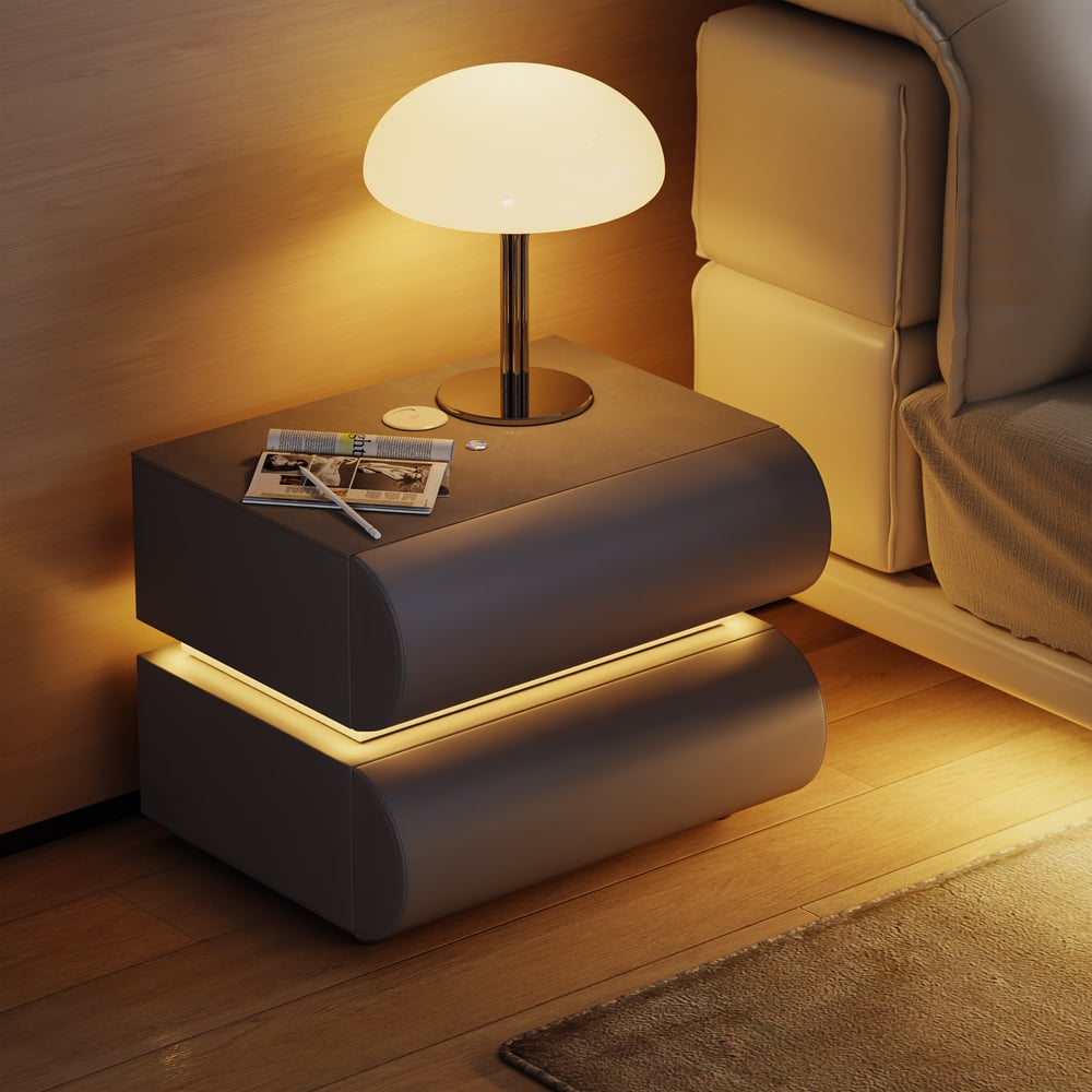 Mesita de noche LED inteligente de 2 cajones Humply Leather con tapa de piedra sinterizada Imagen de ventana