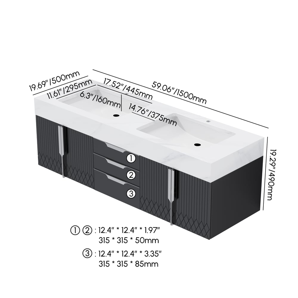 Vanité de salle de bain murale Aro à double vasque noire avec tiroirs, dessus en faux marbre, 1500 mm Poids, dimensions, image
