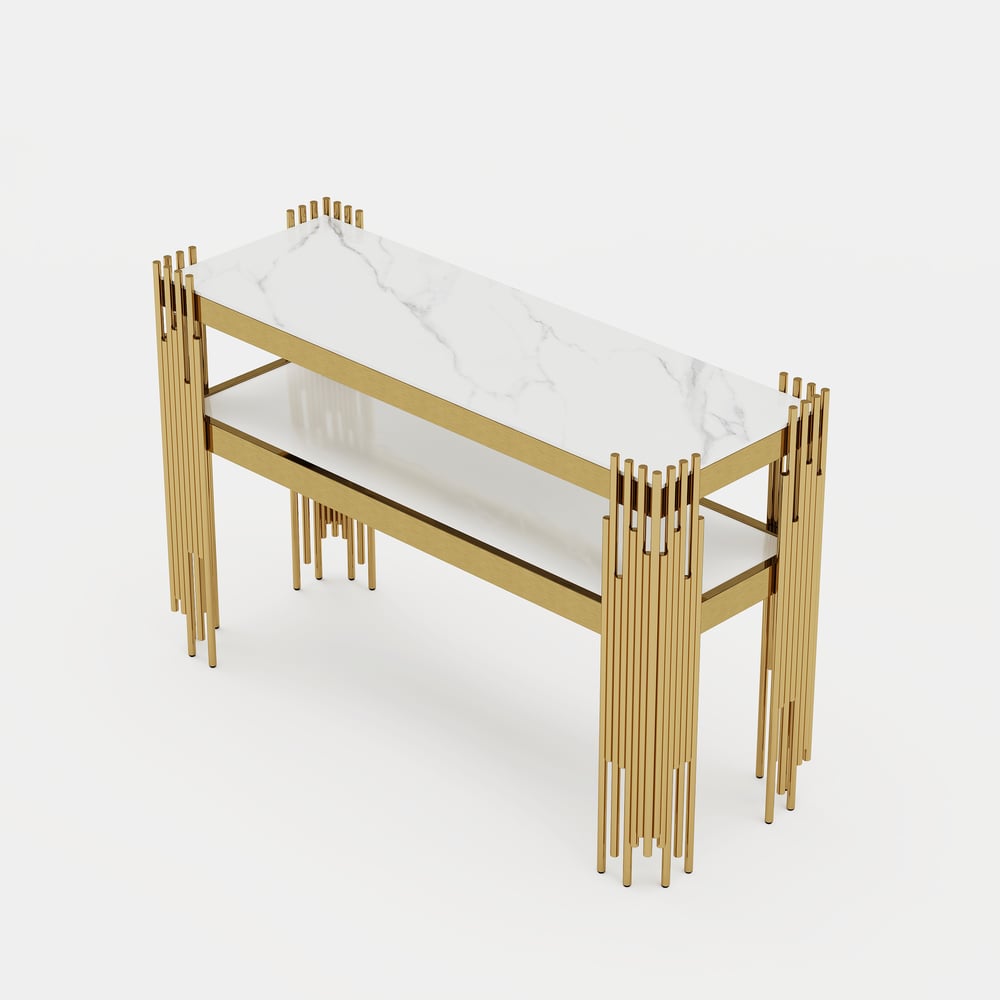 Console étroite moderne en faux marbre blanc de 1200 mm avec étagère de rangement et 4 pieds dorés image de fenêtre