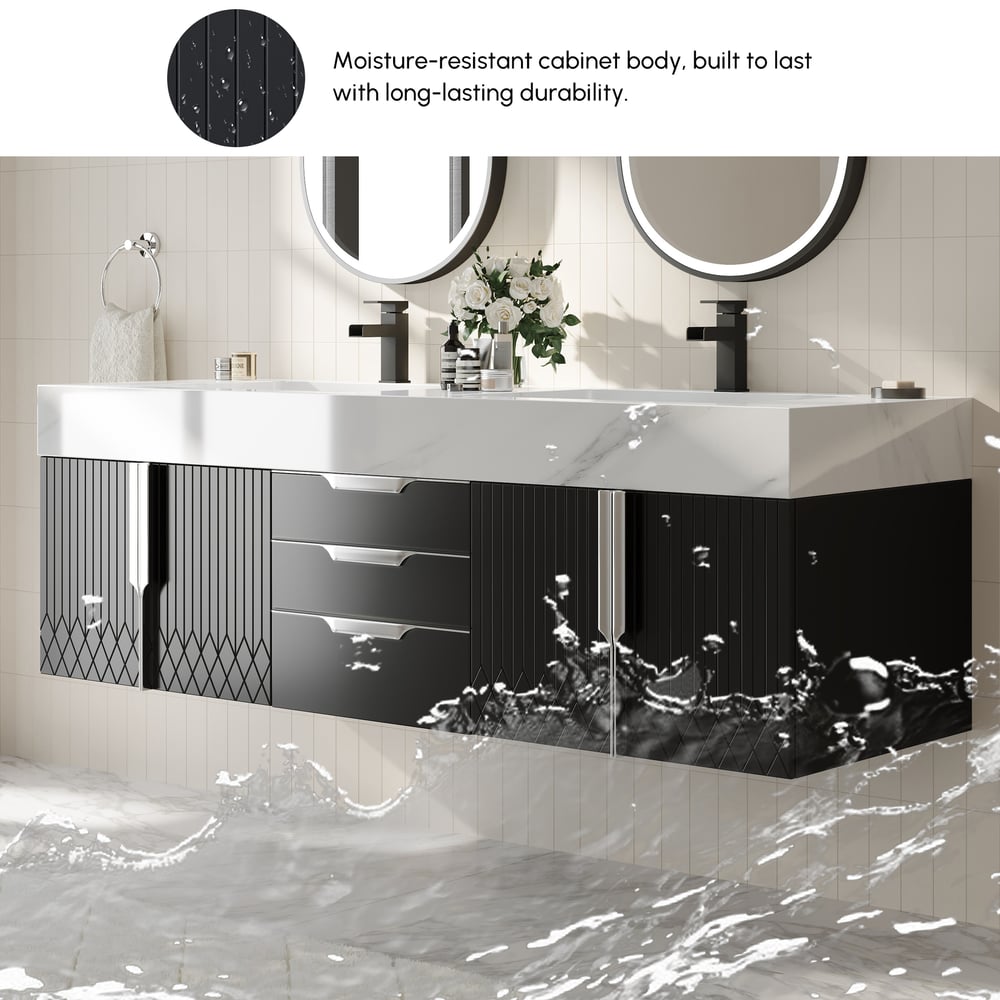 Vanité de salle de bain murale Aro à double vasque noire avec tiroirs, dessus en faux marbre, 1500 mm image de fenêtre