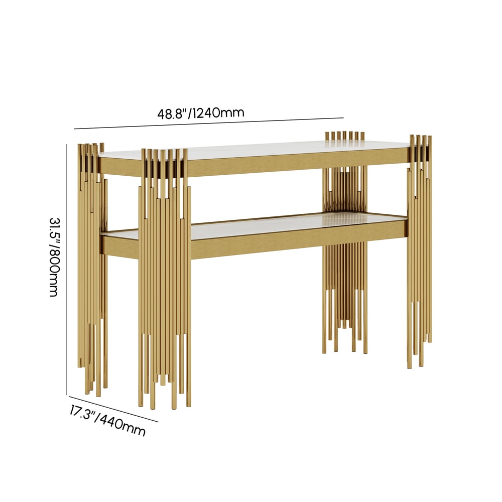 Console étroite moderne en faux marbre blanc de 1200 mm avec étagère de rangement et 4 pieds dorés Poids, dimensions, image