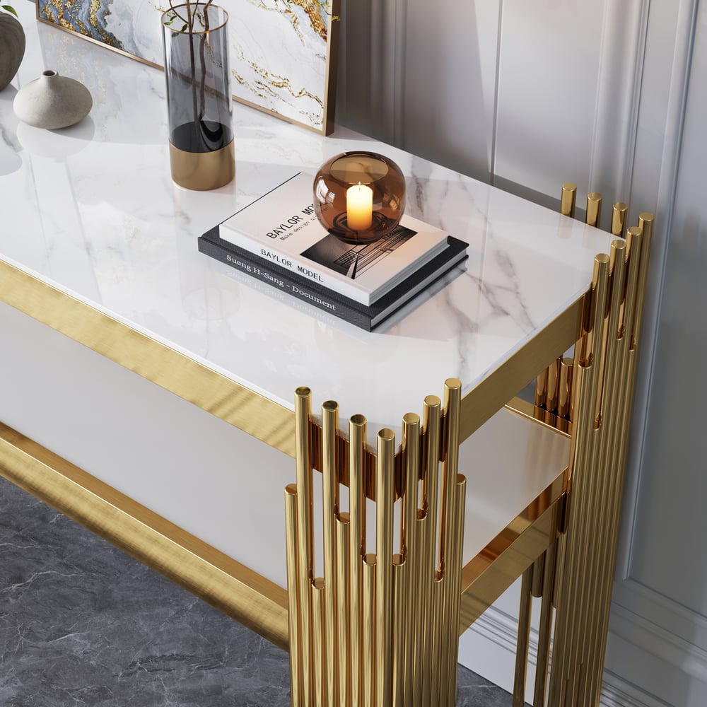 Console étroite moderne en faux marbre blanc de 1200 mm avec étagère de rangement et 4 pieds dorés image de fenêtre