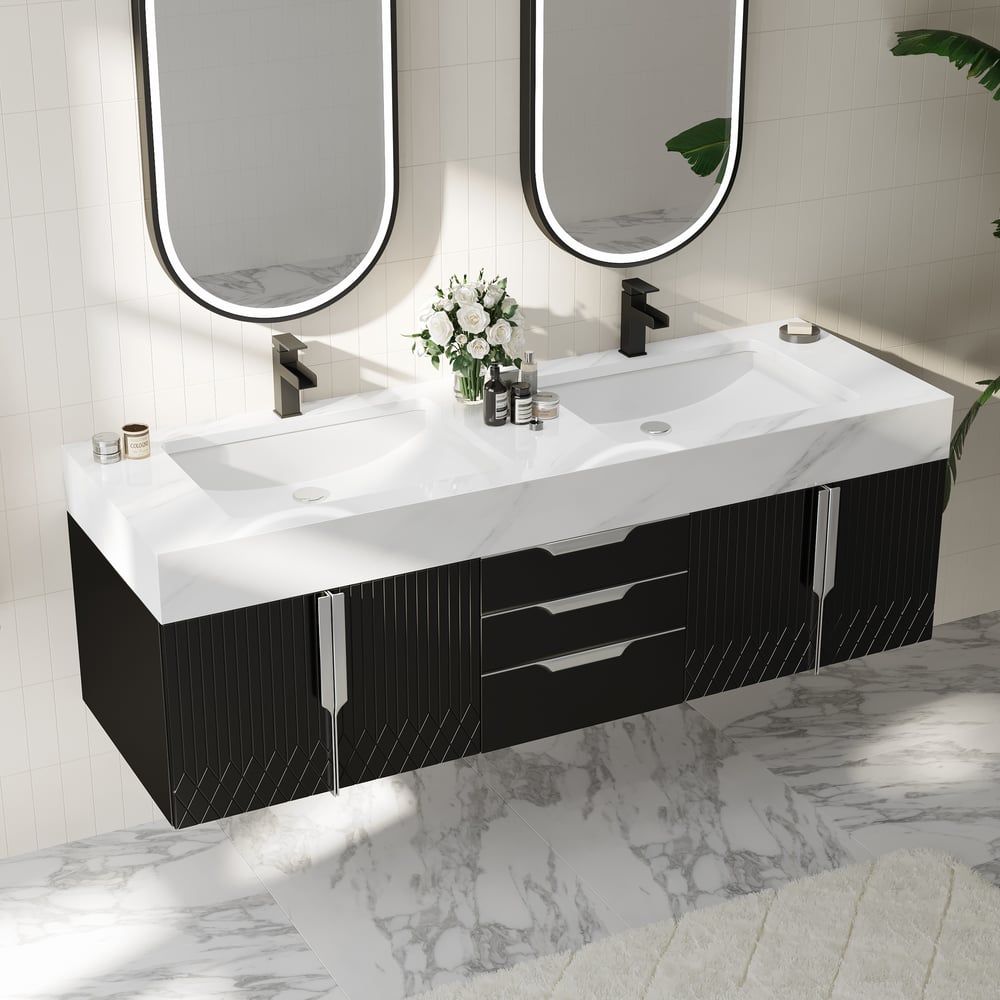 Vanité de salle de bain murale Aro à double vasque noire avec tiroirs, dessus en faux marbre, 1500 mm image de fenêtre