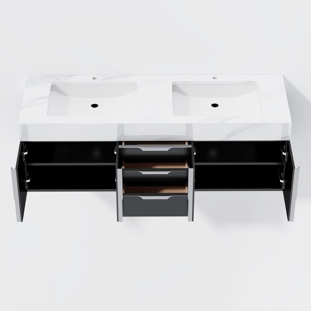 Vanité de salle de bain murale Aro à double vasque noire avec tiroirs, dessus en faux marbre, 1500 mm image de fenêtre