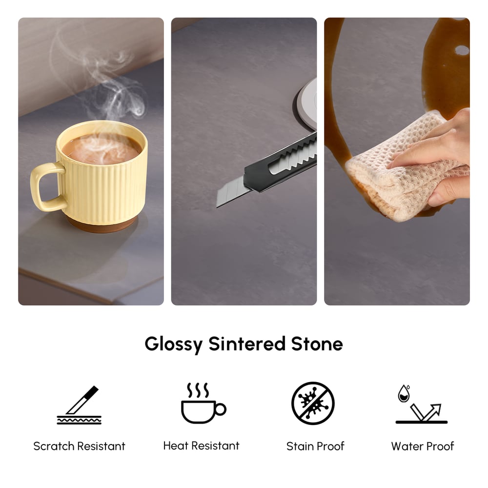 Mesita de noche LED inteligente de 2 cajones Humply Leather con tapa de piedra sinterizada Imagen de ventana