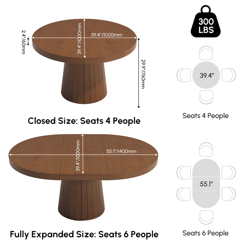 39"-55" Japandi Oval & Round Extendable Wood Dining Table Walnut Seats 4-6 People weights dimensions image