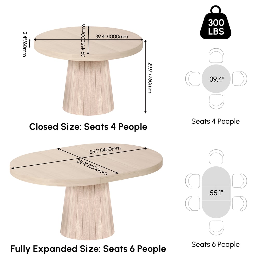Japandi Extendable Dining Table 1000mm-1400mm Whitewash 6-Seater Oval&Round Table weights dimensions image