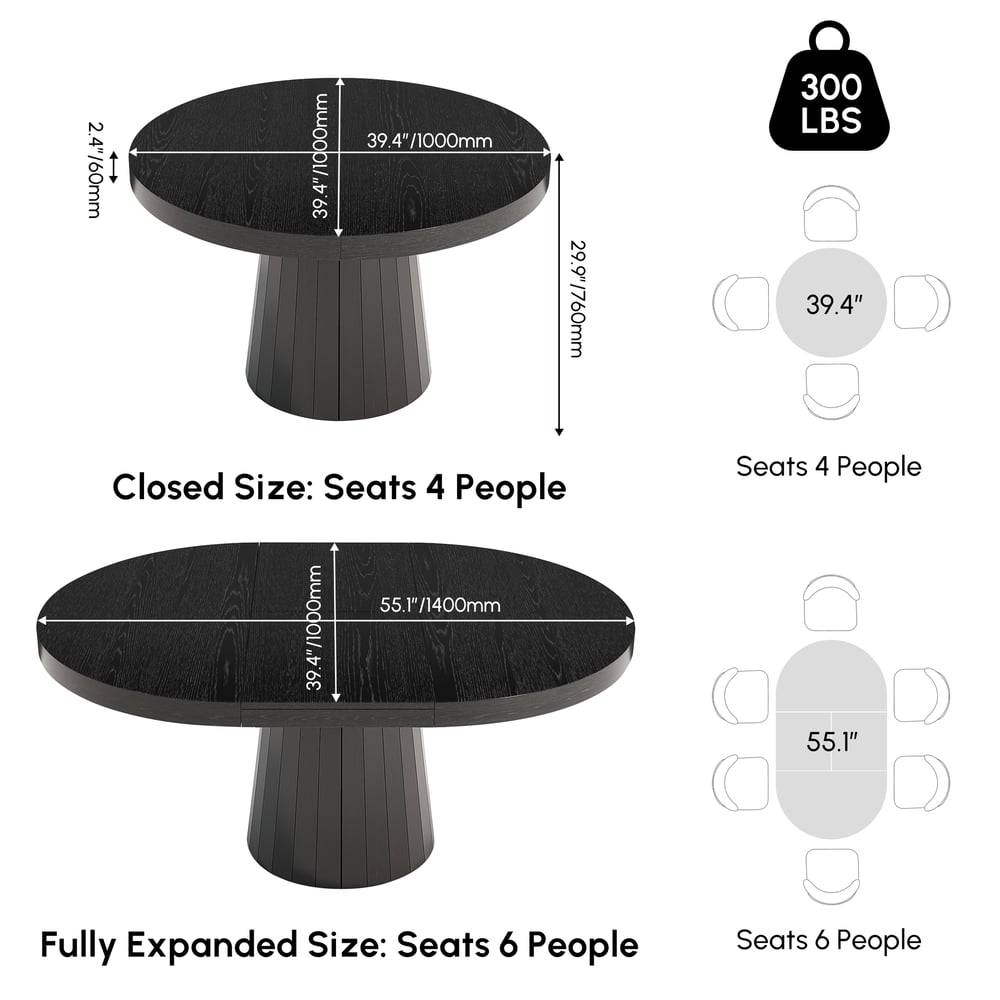 Japandi 1000mm-1400mm Extendable Dining Table 6-Seater Black Oval&Round Pedestal weights dimensions image