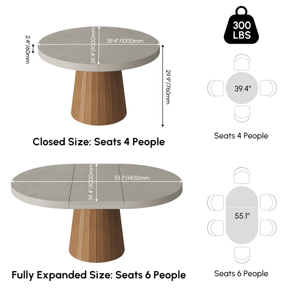 39"-55" Japandi Style Oval & Round Extendable Wood Dining Table Gray Seats 4-6 People weights dimensions image