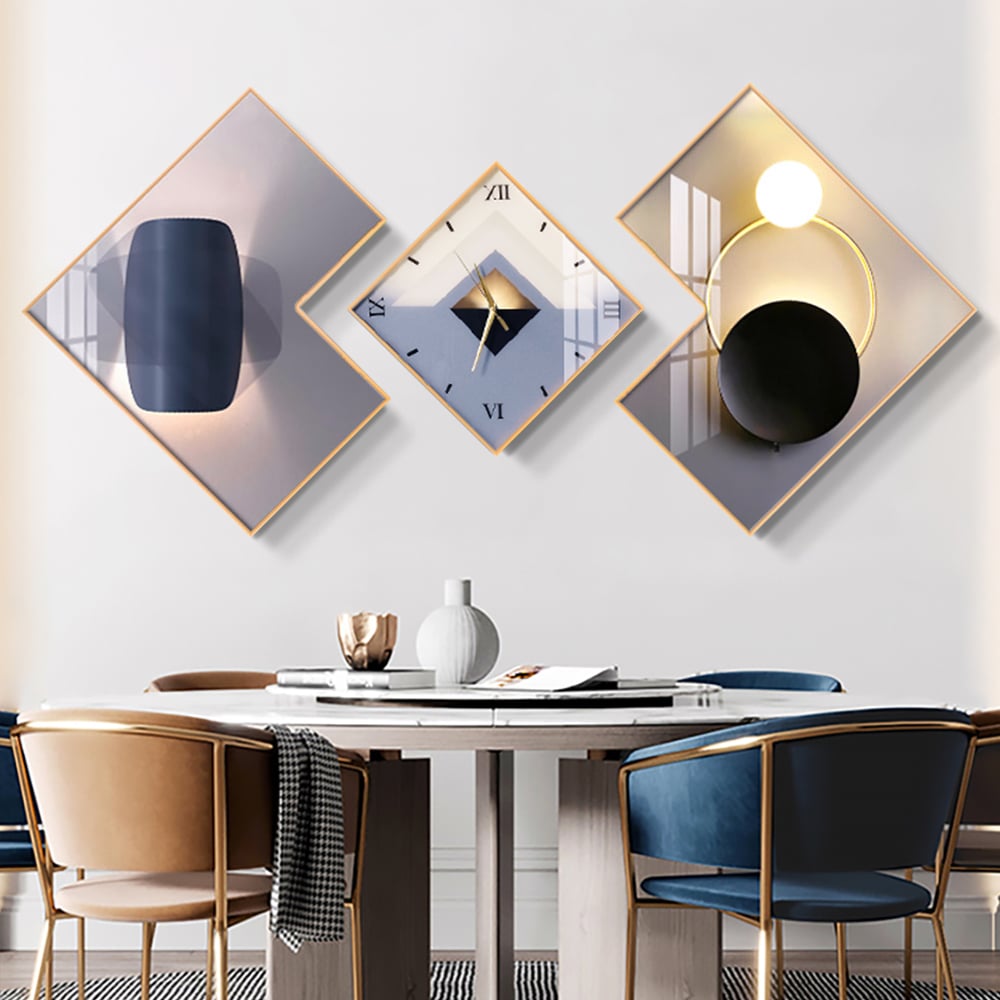 Questions and Answers for 3Pcs Modern Geometric Wall Clock Decor Set Canvas Painting Wall Clocks with Gold Frame