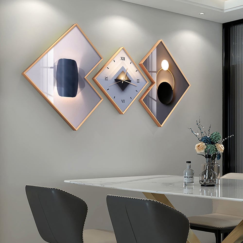 3Pcs Modern Geometric Wall Clock Decor Set Canvas Painting Wall Clocks with Gold Frame window image
