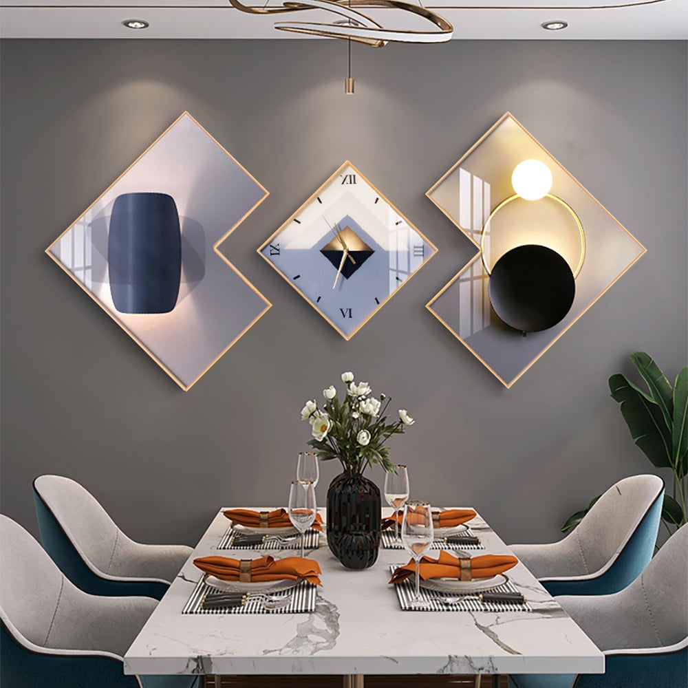 Questions and Answers for 3Pcs Modern Geometric Wall Clock Decor Set Canvas Painting Wall Clocks with Gold Frame