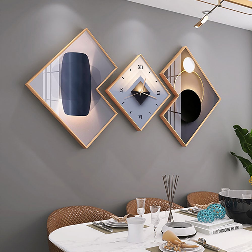 Questions and Answers for 3Pcs Modern Geometric Wall Clock Decor Set Canvas Painting Wall Clocks with Gold Frame