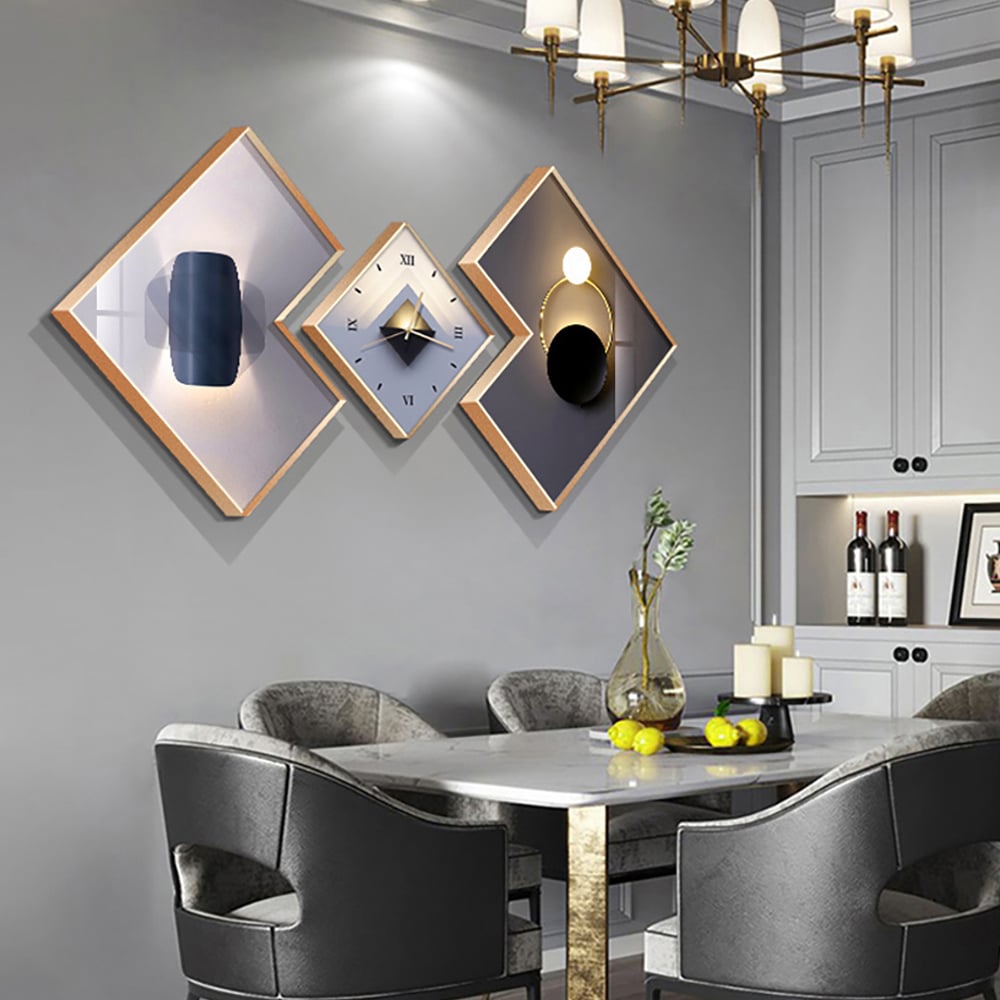 3Pcs Modern Geometric Wall Clock Decor Set Canvas Painting Wall Clocks with Gold Frame window image