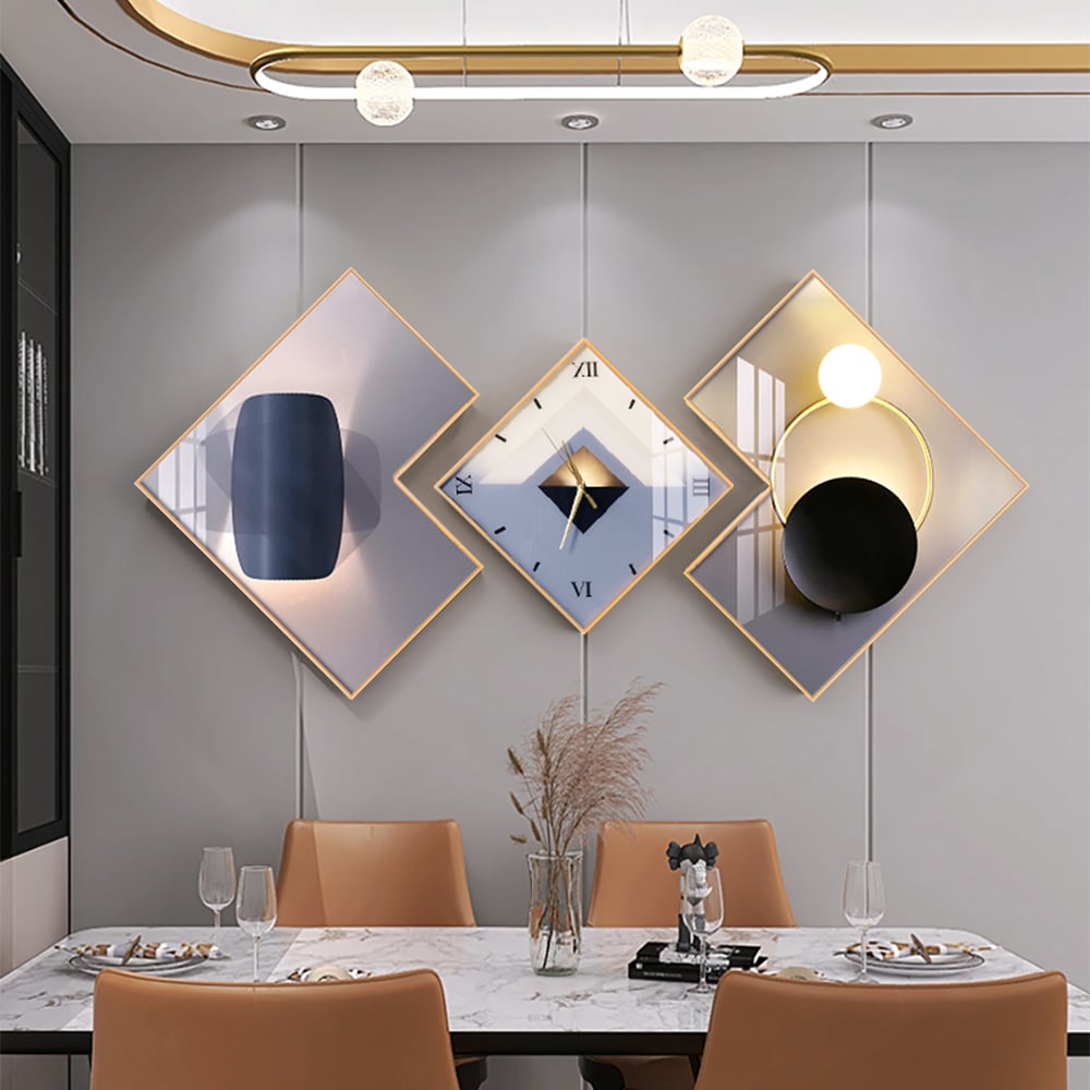 3Pcs Modern Geometric Wall Clock Decor Set Canvas Painting Wall Clocks with Gold Frame window image