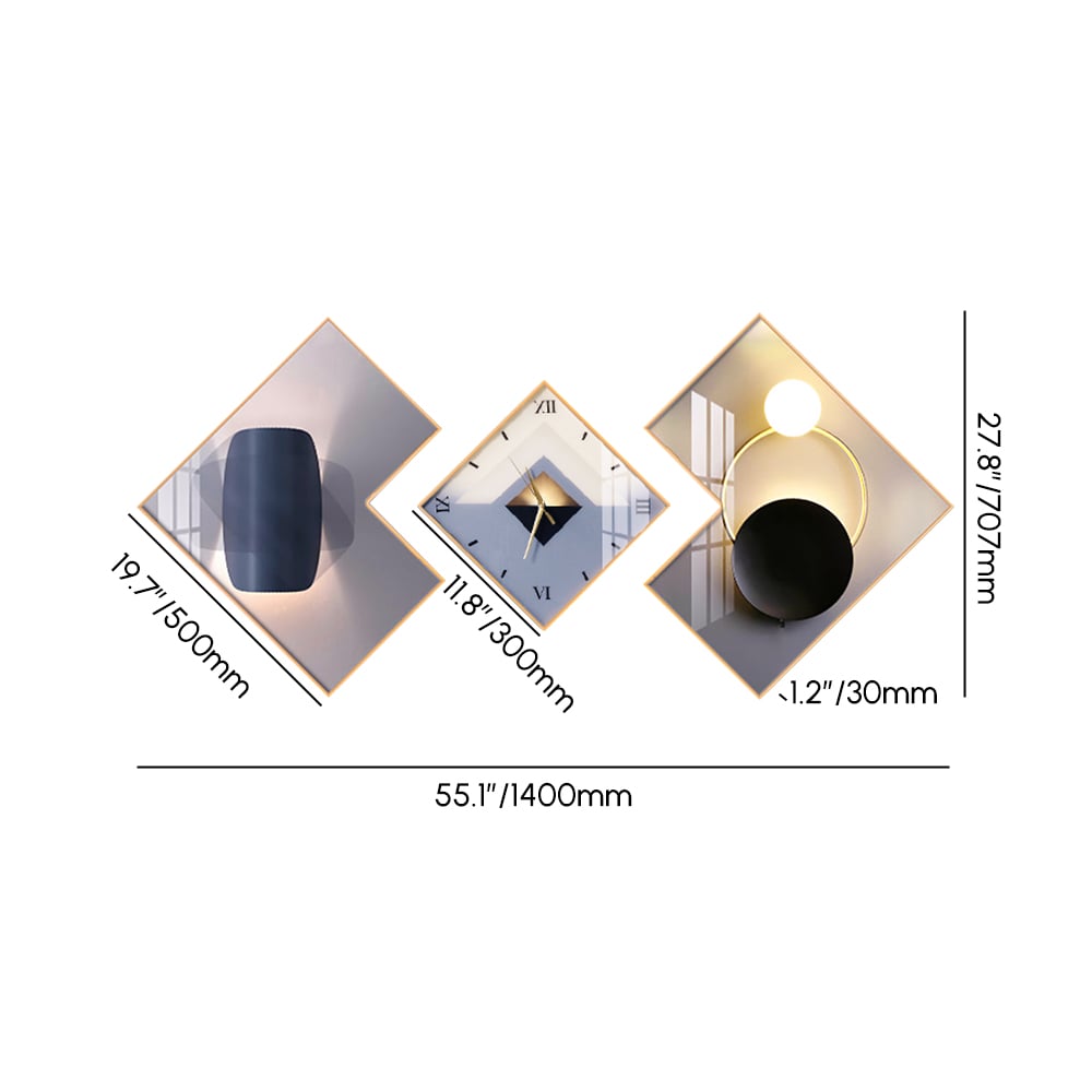 3Pcs Modern Geometric Wall Clock Decor Set Canvas Painting Wall Clocks with Gold Frame weights dimensions image