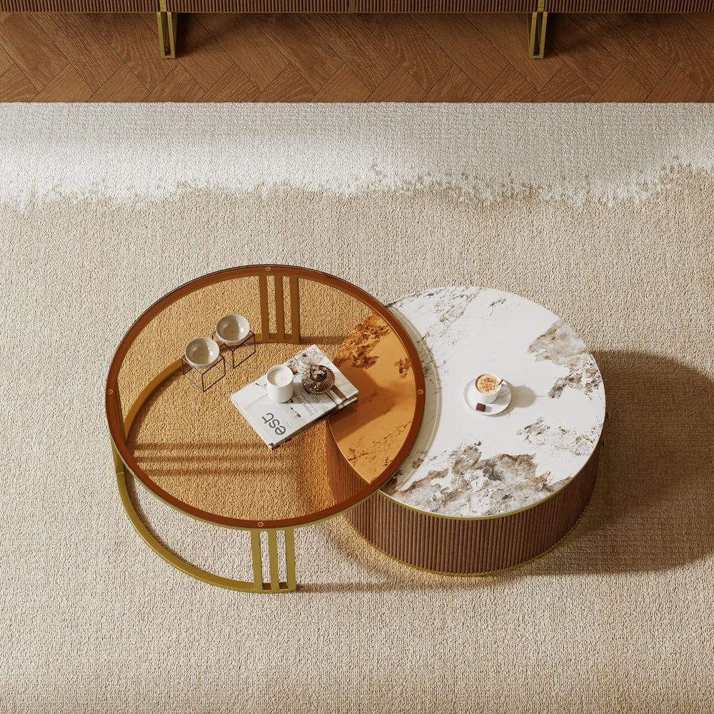 Grovyn 2000mm Sintered Stone Top Walnut TV Stand & Nesting Coffee Table Set window image