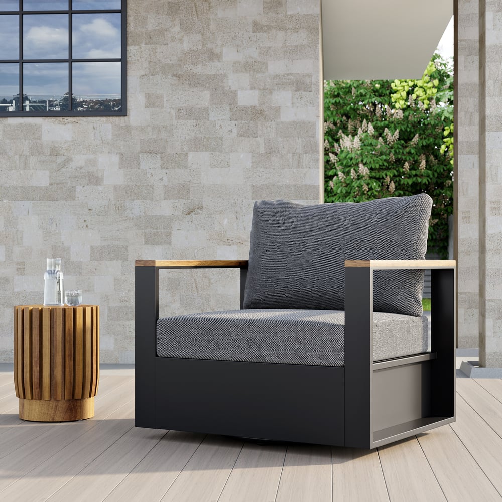 Outdoor Gray Wood & Aluminum Swivel Chair with Cushion Set of 2 window image