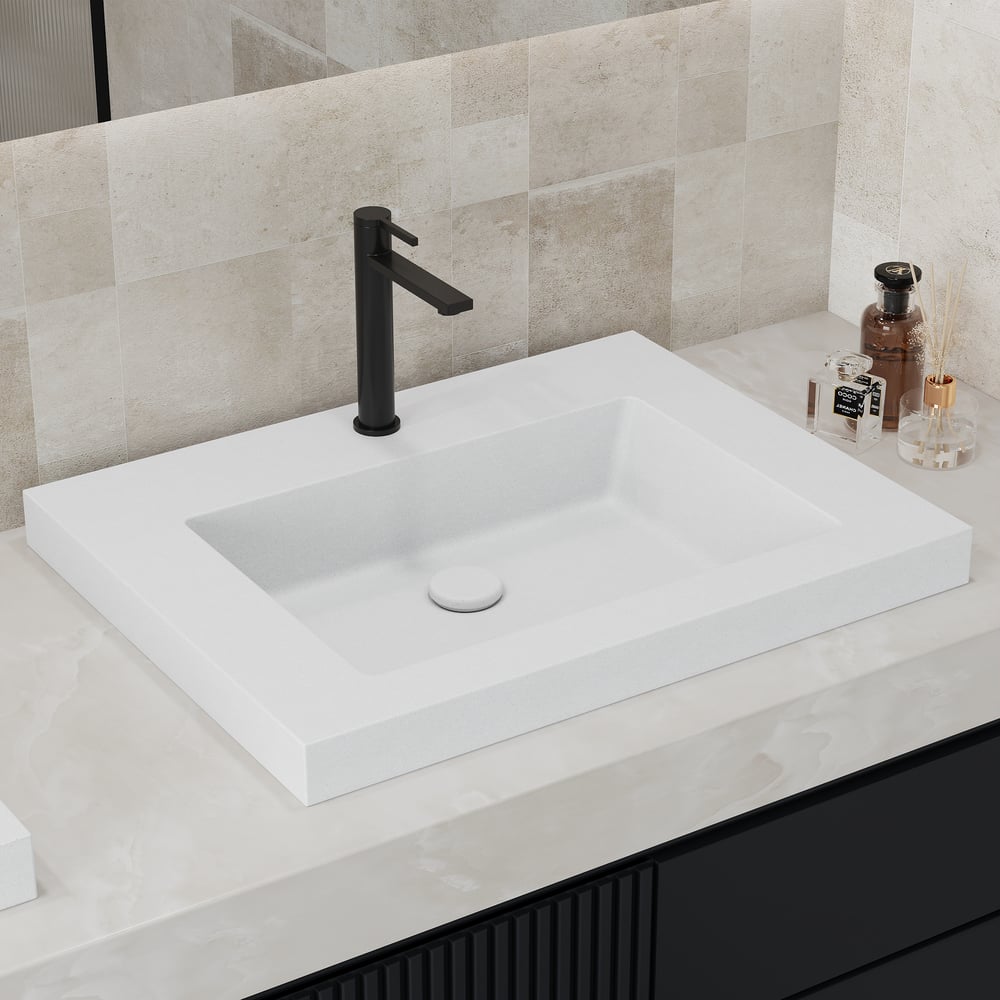 Questions and Answers for 584mm Rectangular Concrete white Drop-in Bathroom Sink