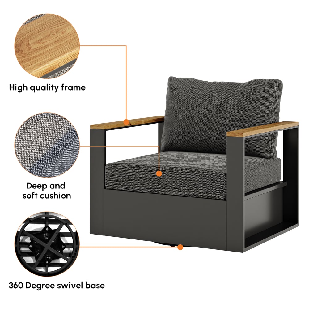 Outdoor Gray Wood & Aluminum Swivel Chair with Cushion Set of 2 window image