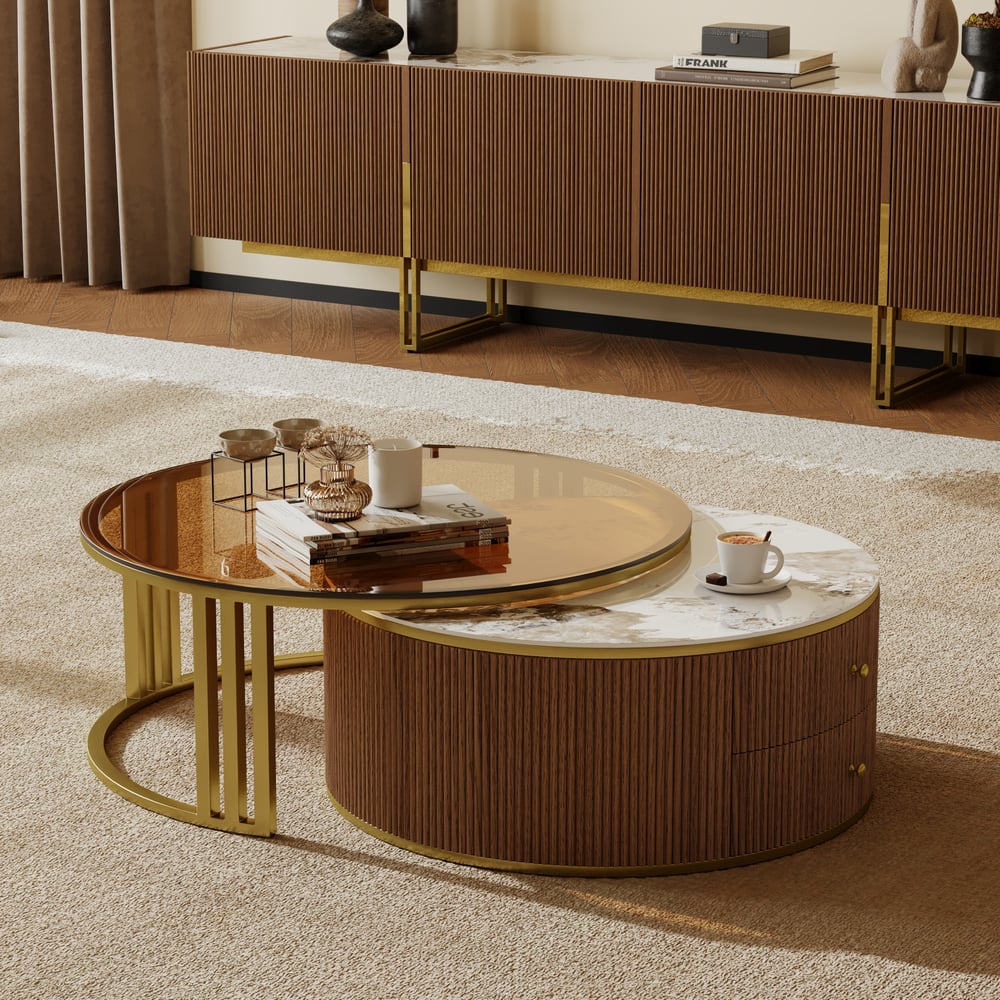 Grovyn 2000mm Sintered Stone Top Walnut TV Stand & Nesting Coffee Table Set window image