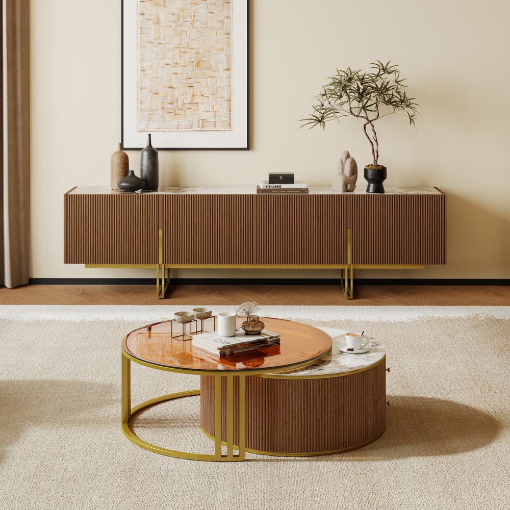 Grovyn 2000mm Sintered Stone Top Walnut TV Stand & Nesting Coffee Table Set window image