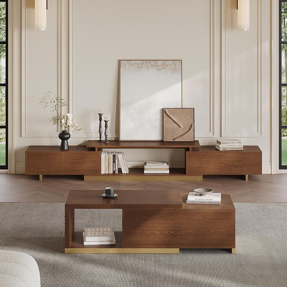 Mordelle Glossy Walnut Extendable TV Stand & Coffee Table Set window image