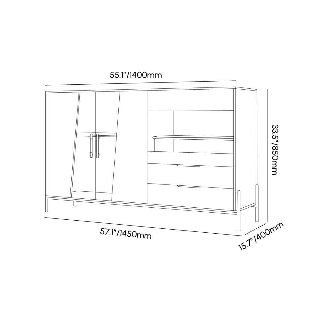 Dolawn Modern 1400 mm zwart dressoir buffetdeuren van gehard glas en wijnrek Afbeelding met gewichten en afmetingen