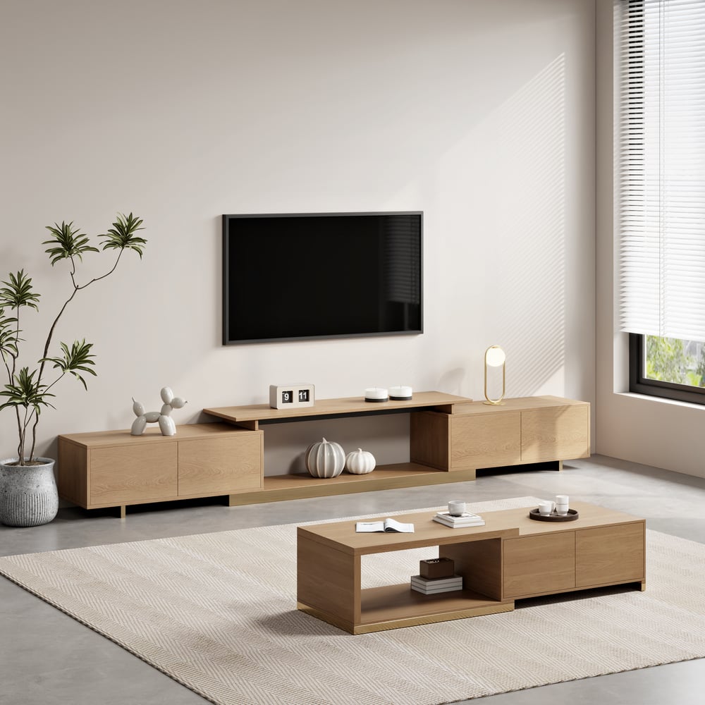 Ensemble meuble TV extensible et table basse Mordelle Natural image de fenêtre