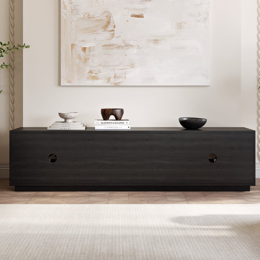 Arune 80" Arched Glass Doors TV Stand with Storage and LED window image