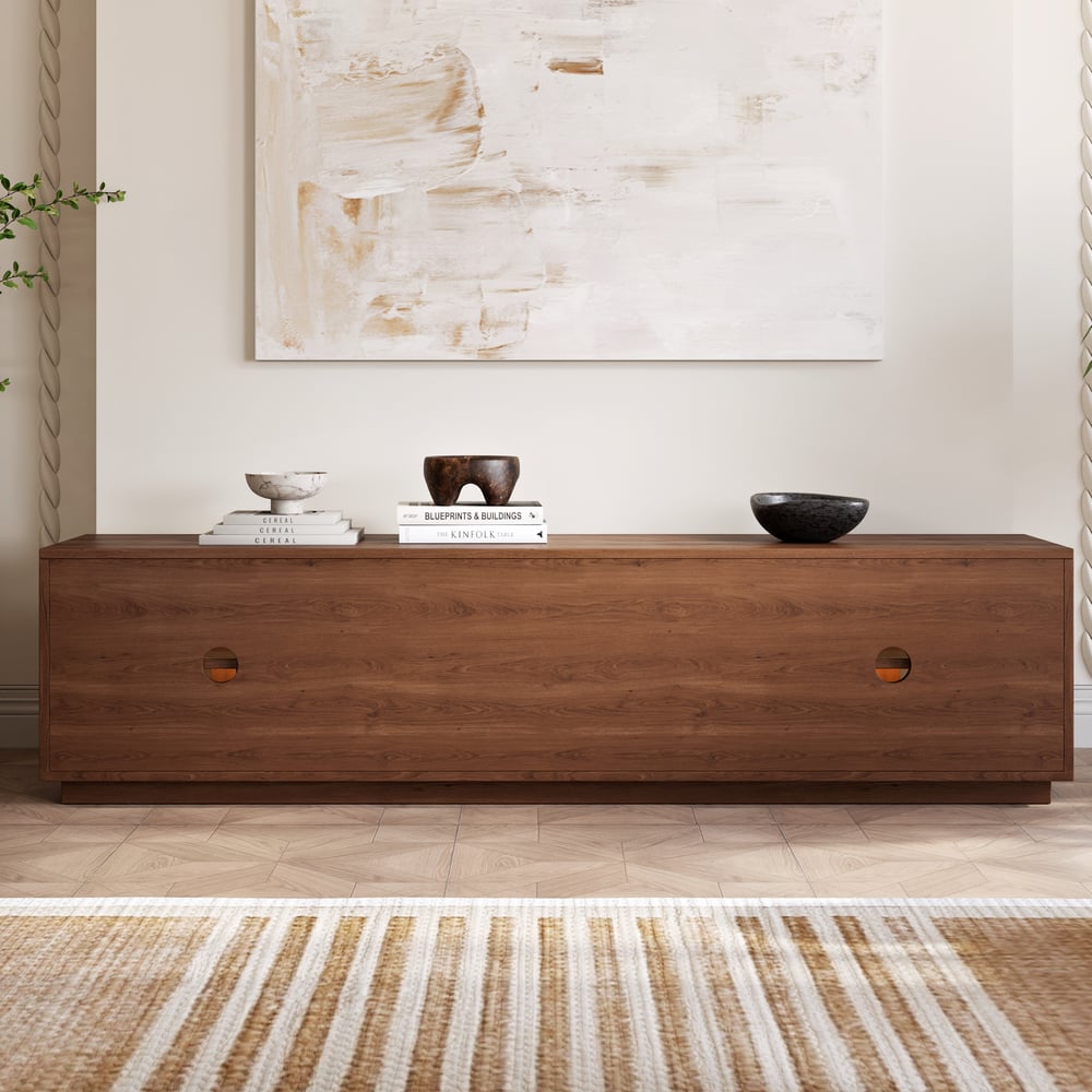 Arune 80" Arched Glass Doors Walnut TV Stand with Storage and LED window image