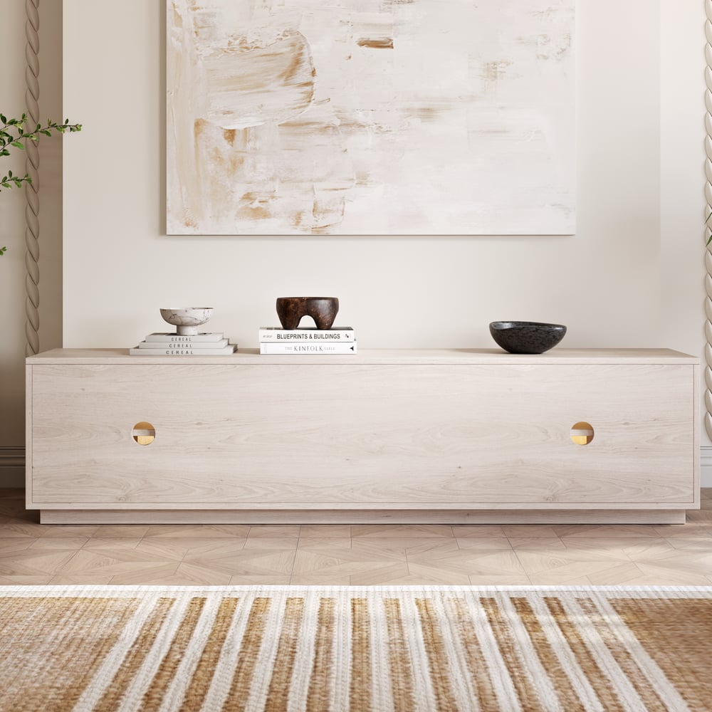 Arune 80" Arched Glass Doors TV Stand with Storage and LED window image