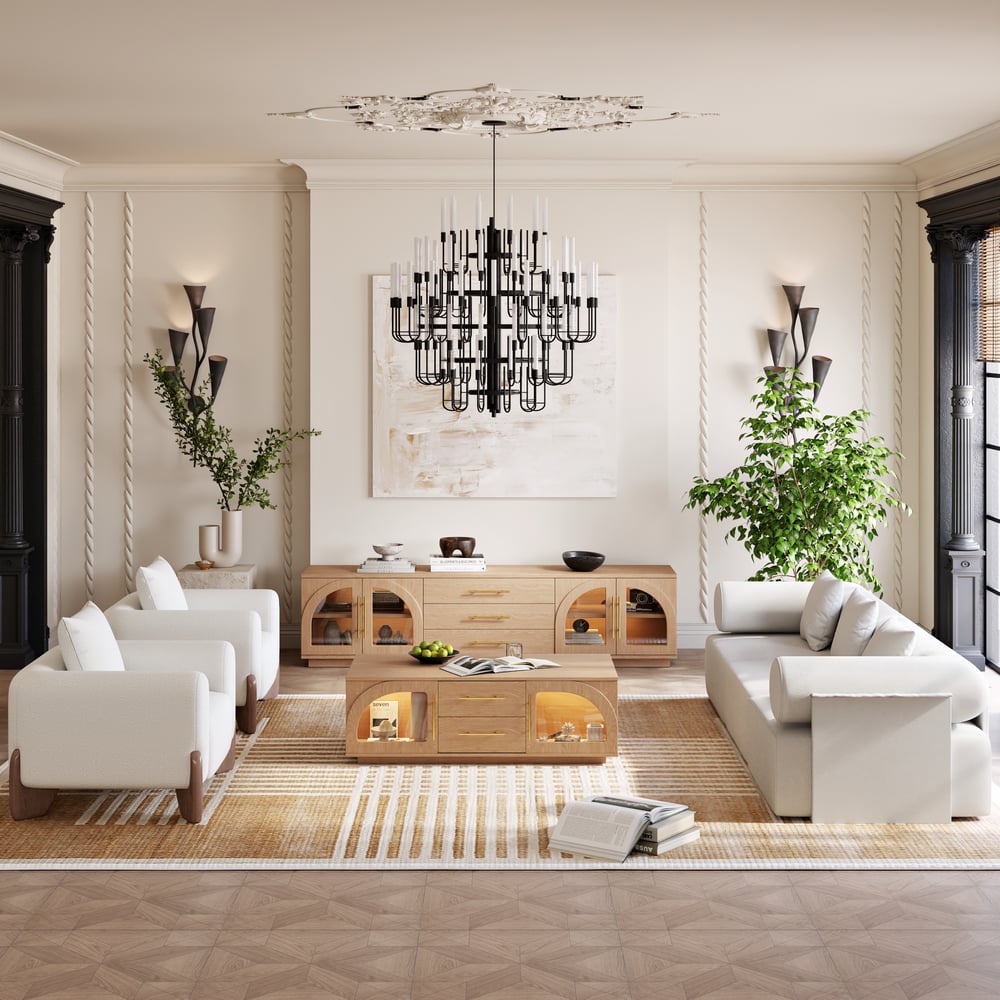 Arune 80" Arched Glass Doors TV Stand with Storage and LED window image