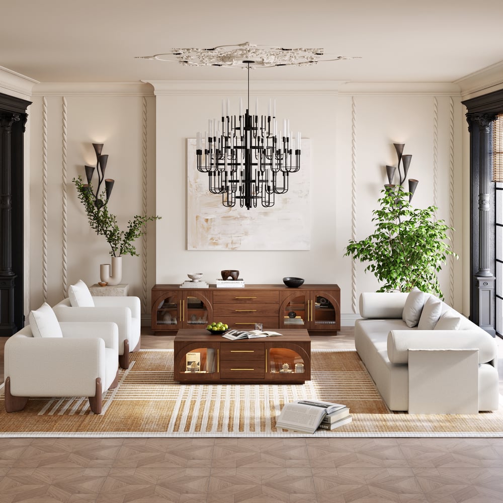 Arune 80" Arched Glass Doors Walnut TV Stand with Storage and LED window image