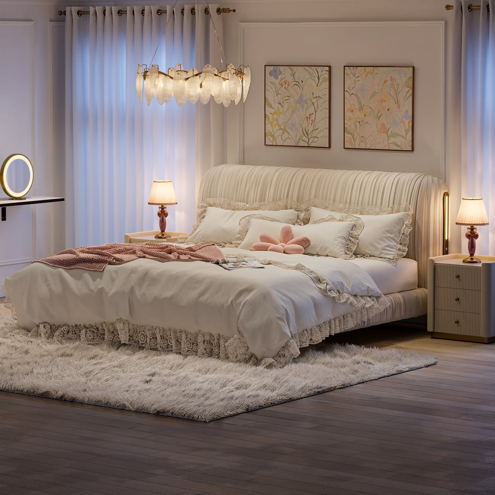 King Size Velvet Ruched Upholstered Bed Frame with Light & Charging Station window image