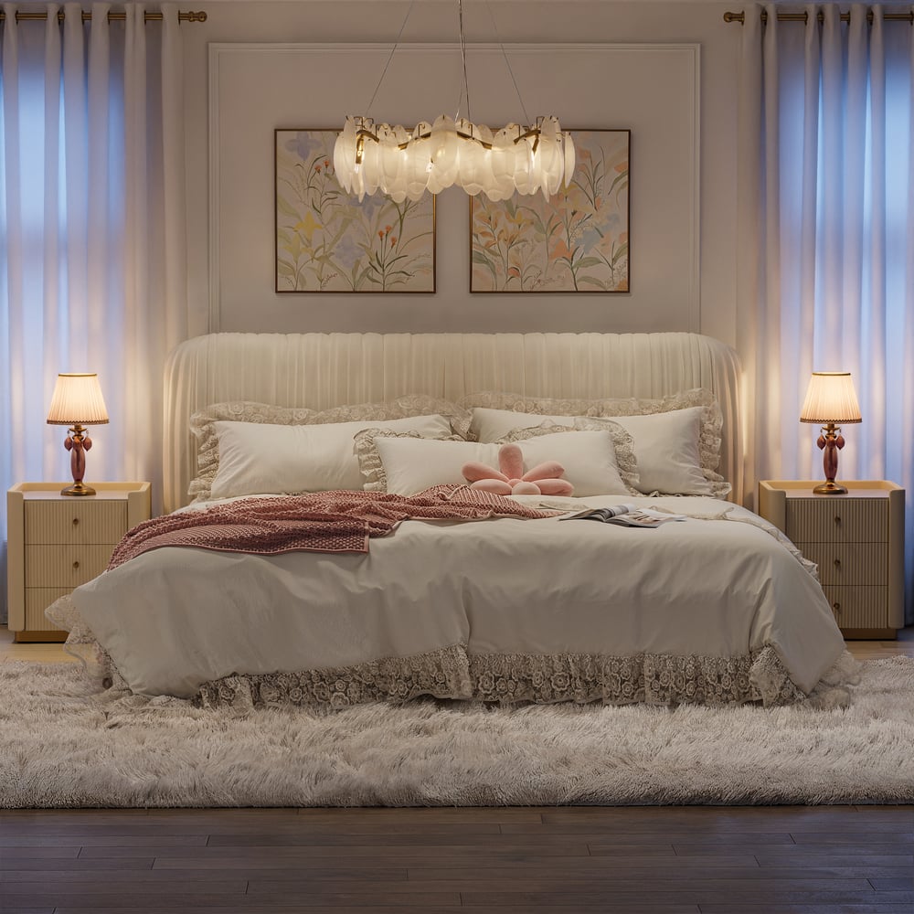 King Size Velvet Ruched Upholstered Bed Frame with Light & Charging Station window image